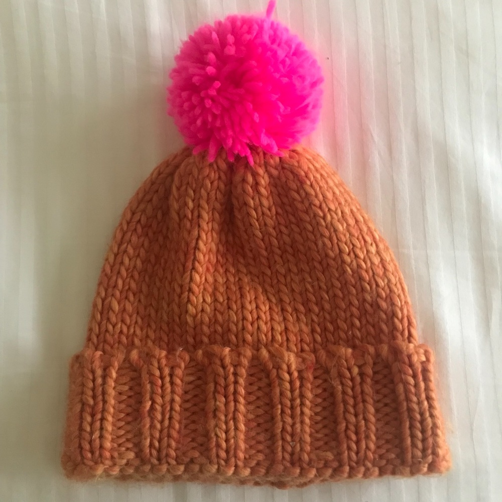 Caroline Kaufman for Anthropologie wool blend knit beanie in orange and pink